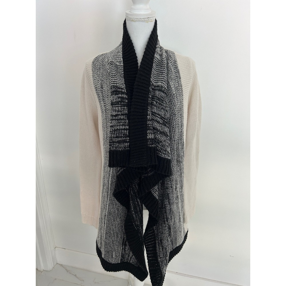 BB Dakota Womens Large Draped Waterfall Wool Blend‎ Cardigan Sweater Cream Black